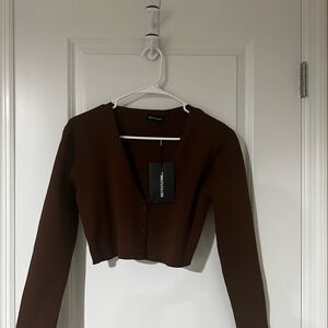 PrettyLittleThing Chocolate Brown V-Neck Button-Up Top